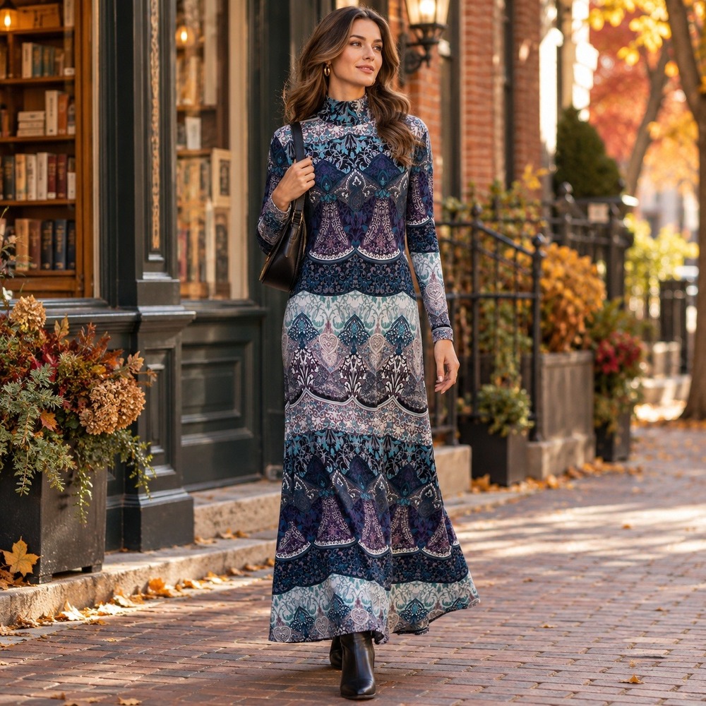 New York & Company Stretch M Paisley Mock Neck Long Sleeve Maxi Dress